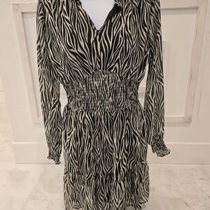 Black and White Zebra Print Long Sleeve Dress Defacto